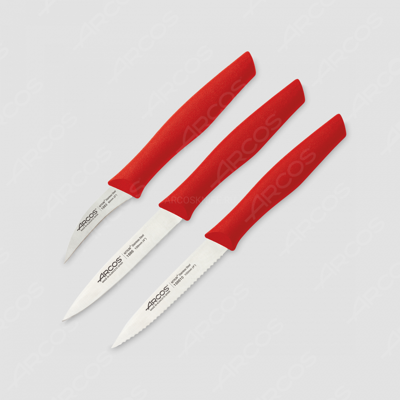 Набор из 3-х кухонных ножей для чистки и нарезки овощей, рукоять красная, серия Nova, ARCOS, Испания