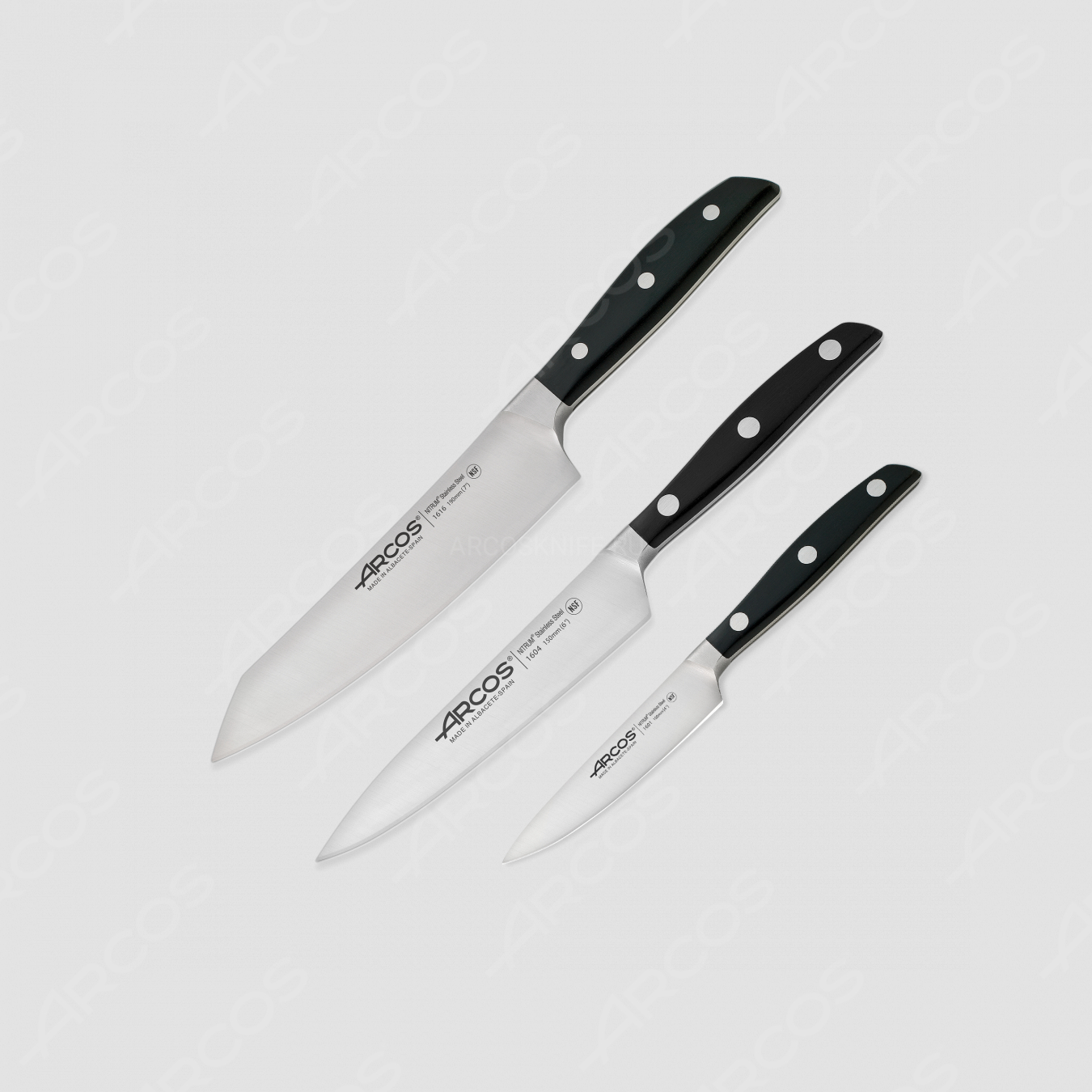 Набор кухонных ножей 3 шт, (10 см, 15 см, 19 см,) цвет ручек - черный, серия Manhattan, ARCOS, Испания