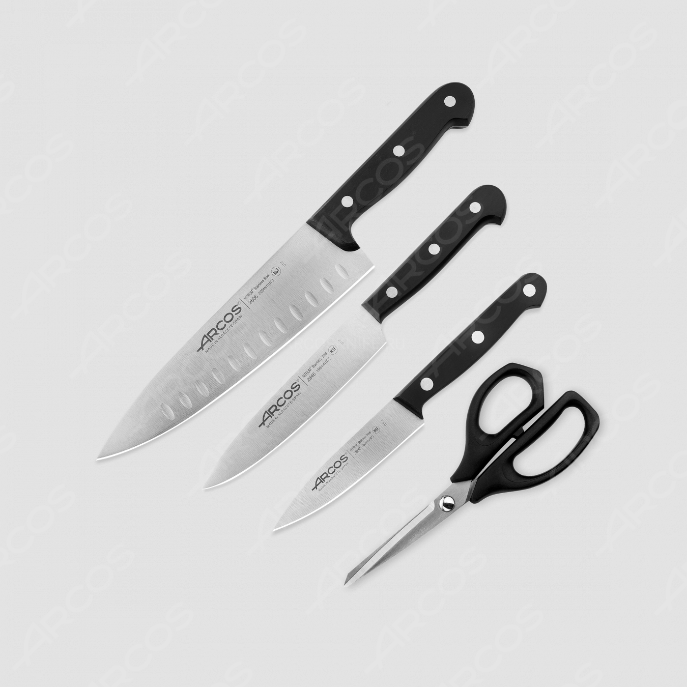 Набор ножей 3 шт. (10 см, 15 см, 20 см), + ножницы в подарок, упаковка-коробка, серия Universal, ARCOS, Испания