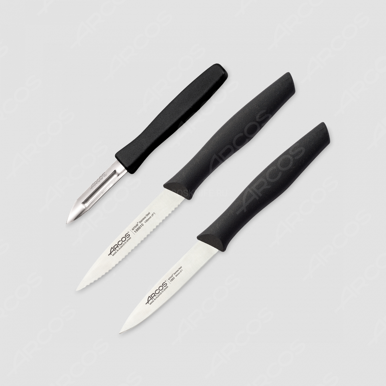 Набор из 3-х кухонных ножей для чистки и нарезки овощей, рукоять черная, серия Nova, ARCOS, Испания